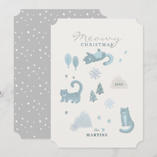 Carte de Noël bleu Léopard de neige Meowy