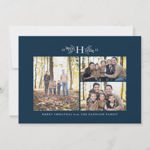 Carte de Noël bleu marine à trois photos et monogr