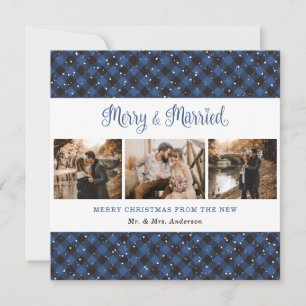 Carte de Noël bleu plaid Merry et Marié