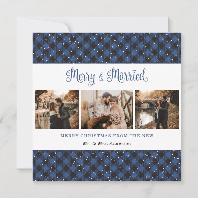 Carte de Noël bleu plaid Merry et Marié (Devant)
