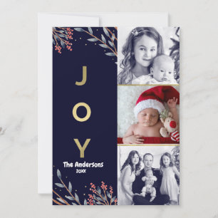 Carte de Noël Blue & Gold JOY 3 Trois Photos Fêtes