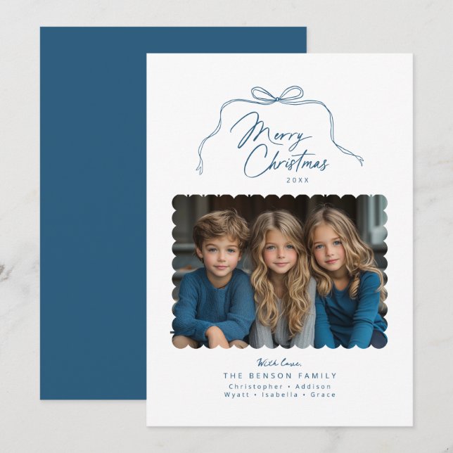 Carte de Noël Blue Simple Bow Scallopé (Devant / Derrière)