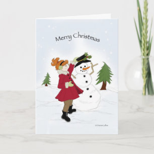 Carte de Noël Bonhomme de neige et petite fille