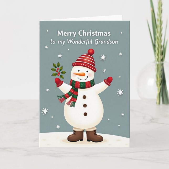 Carte de Noël Bonhomme de Neige Petit-Fils (Devant)