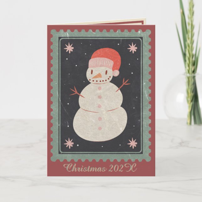 Carte de Noël Bonhomme de Neige Rouge & Vert (Devant)