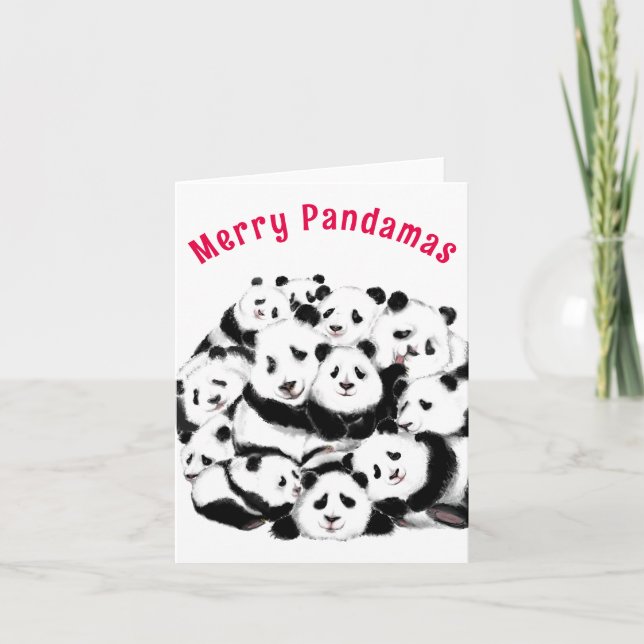 Carte de Noël Bonne famille Pandas - Peinture (Devant)