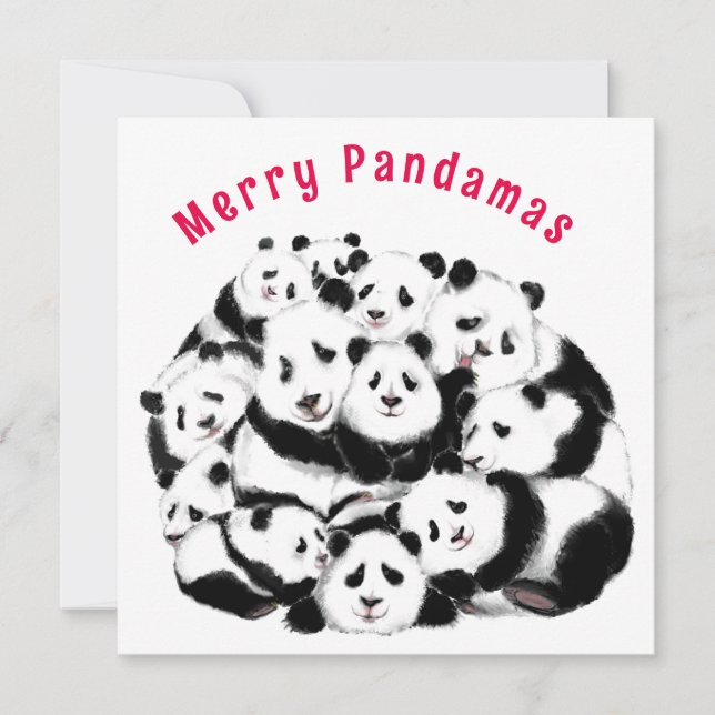 Carte de Noël Bonne famille Pandas - Peinture (Devant)