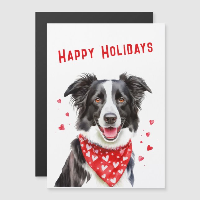 Carte de Noël Border Collie avec écharpe rouge à c (Devant / Derrière)