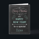 Carte de Noël Boss Chalkboard<br><div class="desc">Carte de Noël Chalkboard tendance pour votre patron. Il dispose d'un tableau,  de texte à la craie et d'ornements. (La carte n'est pas un vrai tableau de bord ou craie,  elle n'apparaît que de cette façon.) Conception ©2013 Cartes de Sentiments Kreative par Sherry Harris</div>
