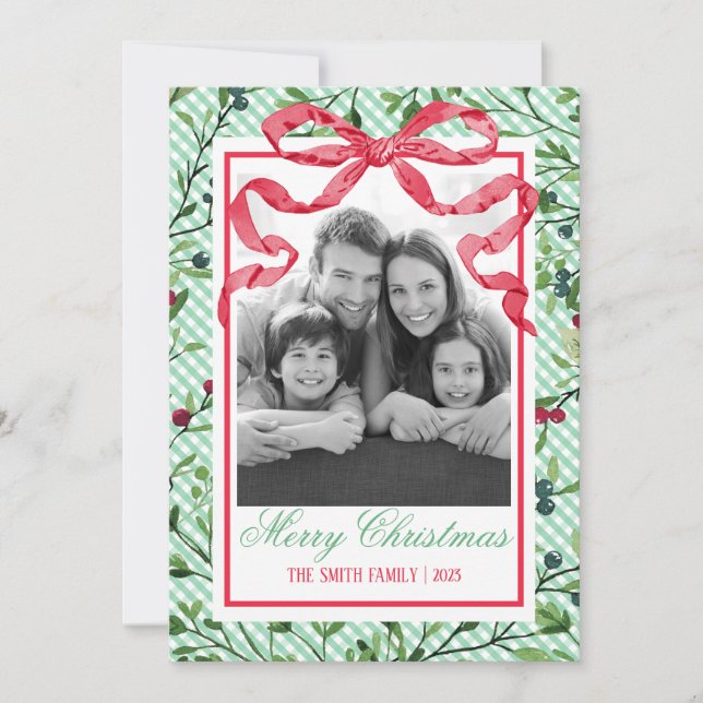 Carte de Noël botanique à noeud gingham (Devant)