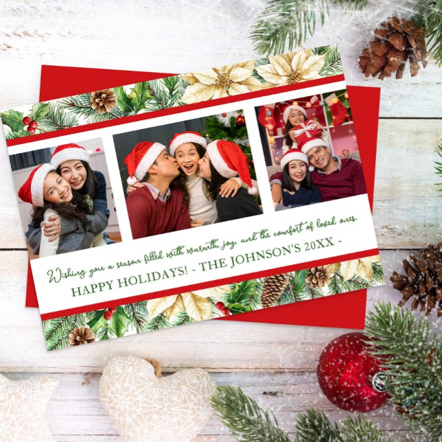 Carte de Noël botanique aquarelle à trois photos (Three Photo Holiday card)