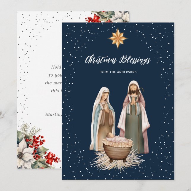 Carte de Noël botanique chrétienne Nativité Bleue (Devant / Derrière)