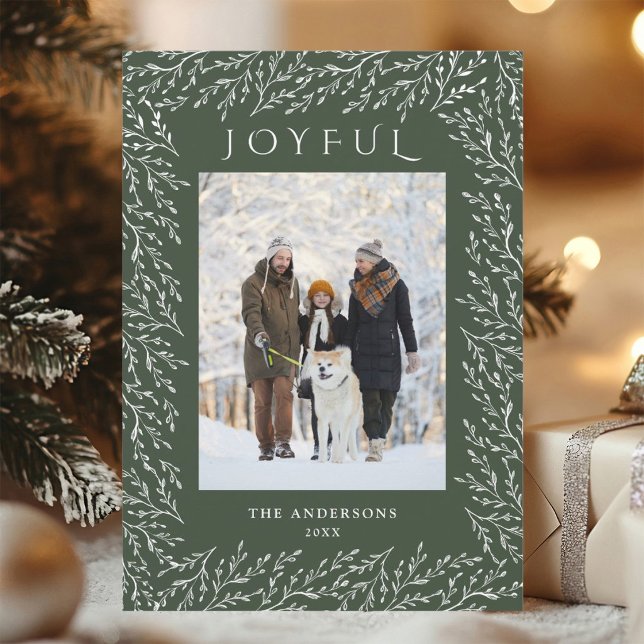 Carte de Noël botanique joyeuse vert chêne (Créateur téléchargé)