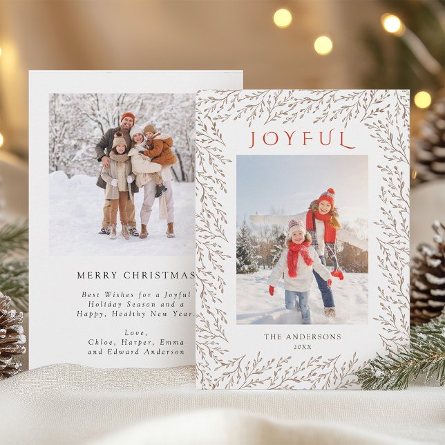 Carte de Noël botanique Joyful Tan 2 photos (Front & Back)