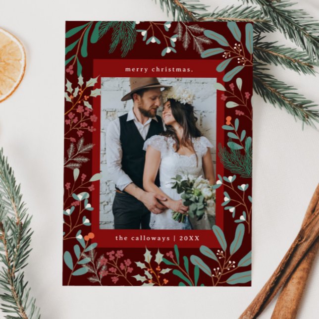 Carte de Noël Botanique Rouge Photo Holiday (Créateur téléchargé)