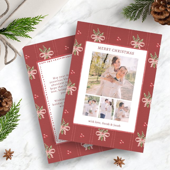 Carte de Noël botanique rouge rustique (Rustic Red Bows Botanical Christmas Photo Card | Vintage Holiday Greenery by Painted Paperie)