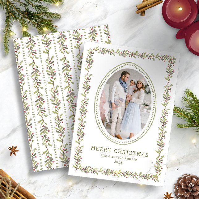 Carte de Noël botanique rustique verte (Holiday Vintage Green Rustic Botanical Christmas Photo Card by Painted Paperie
)