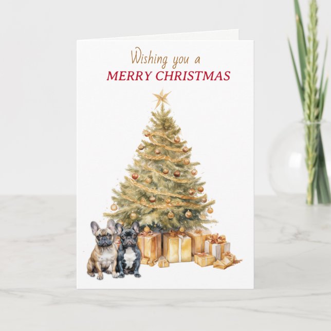 Carte de Noël Bouledogues Français Arbre Doré (Devant)