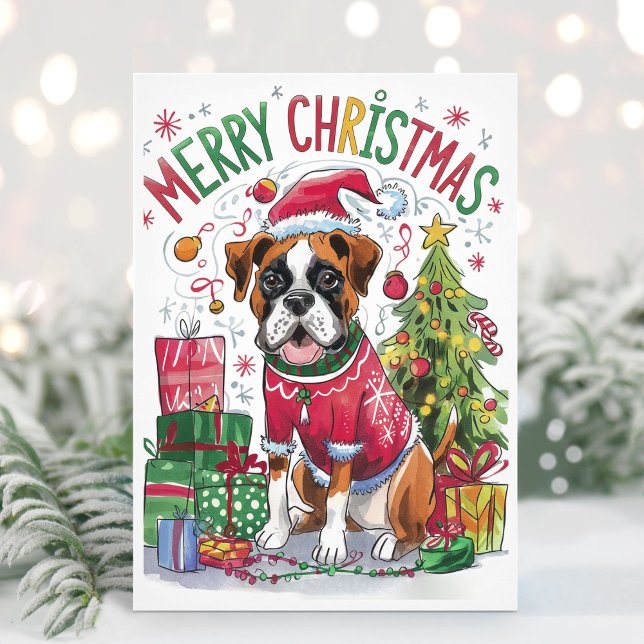 Carte de Noël Boxer à l'aquarelle (Boxer Dog Christmas Card)