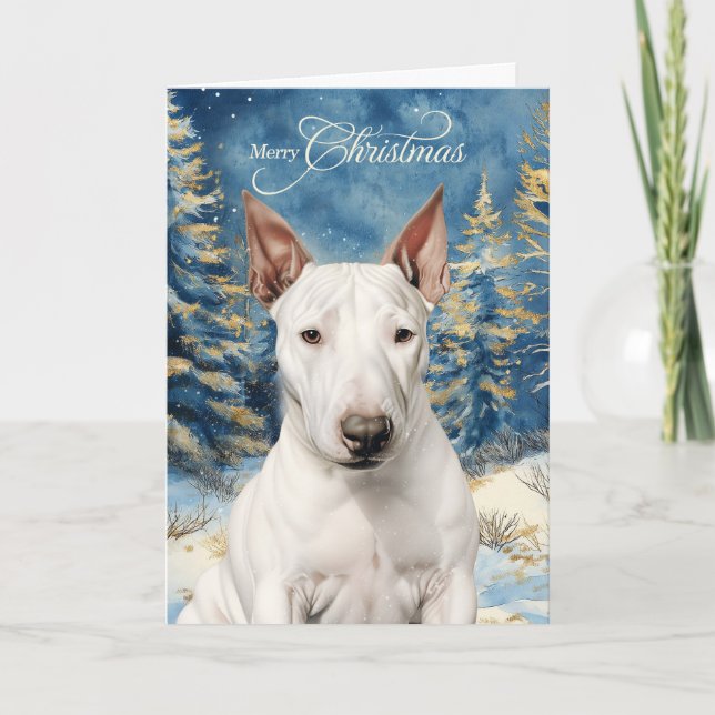 Carte de Noël Bull Terrier en forêt boisée (Devant)