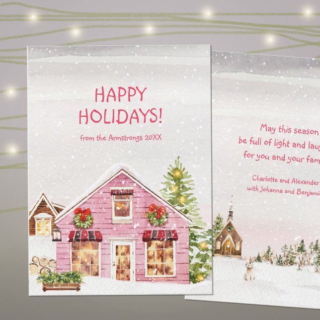 Carte de Noël Cabane Rose Aquarelle (Sweet Watercolor Winter Wonderland Holiday Card ©Susanne Sachers - Sunny Mind Design 🌞)