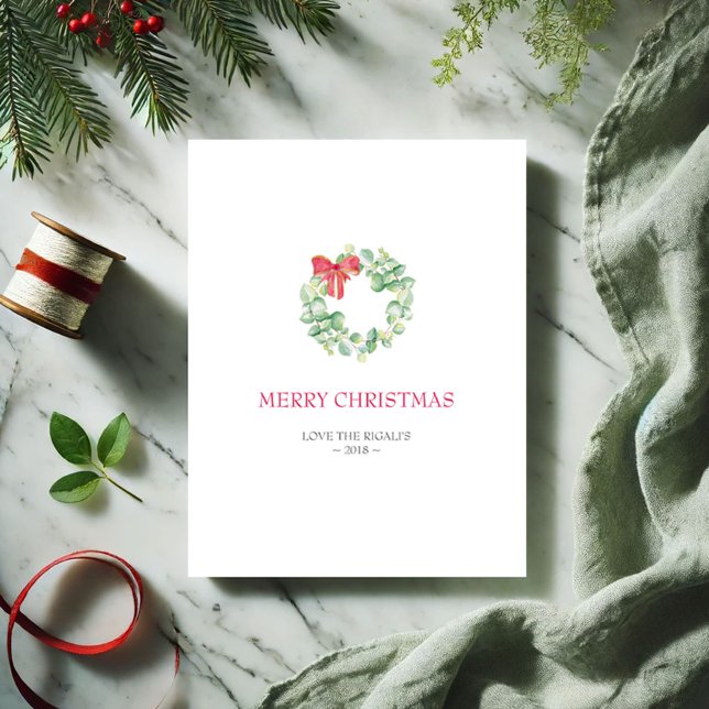 Carte de Noël, Carte de vacances (Simple Christmas card watercolor botanical wreath in shades of red and green by Victoria Grigaliunas)