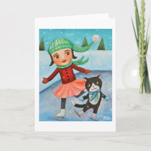 Carte de Noël Carte d'hiver Fille et chat Patinage