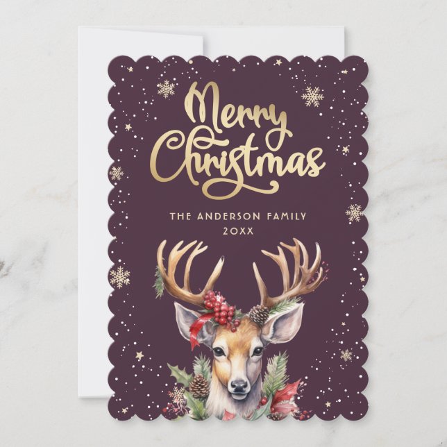 Carte de Noël Cerf Aquarelle Or Pourpre (Devant)