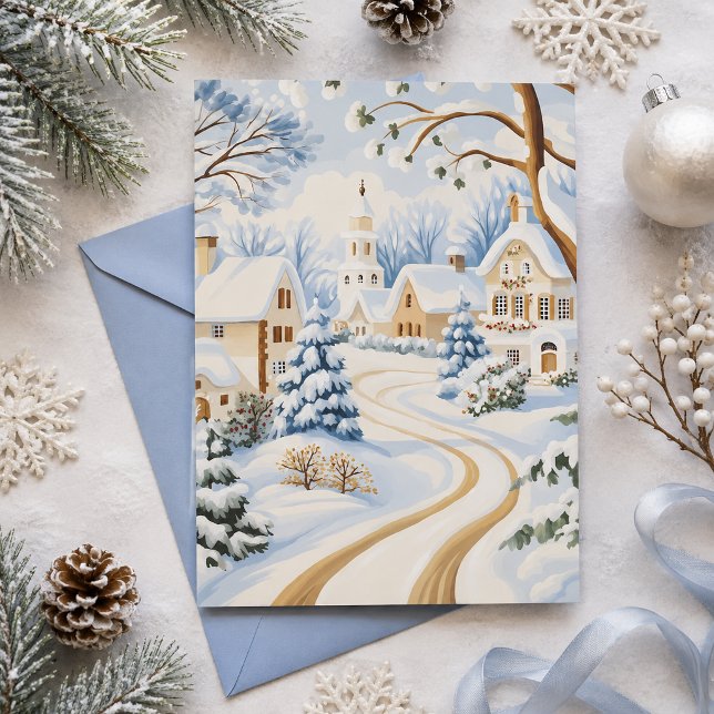 Carte de Noël Charmante de Village enneigé (Elegant winter village card with soft blue details, perfect for heartfelt holiday wishes.)
