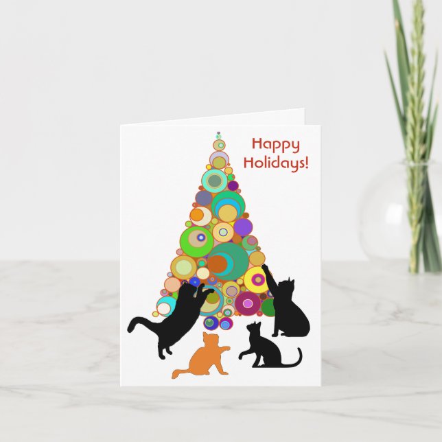 Carte de Noël Chat Arrosant Autour De La Tr De Noë (Devant)