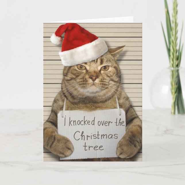 Carte de Noël Chat Coupable en chapeau de Père Noë (Devant)