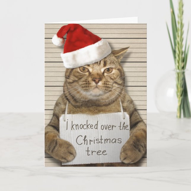 Carte de Noël Chat Coupable en chapeau de Père Noë (Devant)
