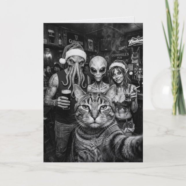 Carte de Noël Chat Émoji Bigfoot Alien Elfe Bar (Devant)