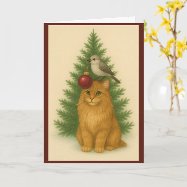 Carte de Noël — Chat et oiseau par l'arbre (Fleur jaune)