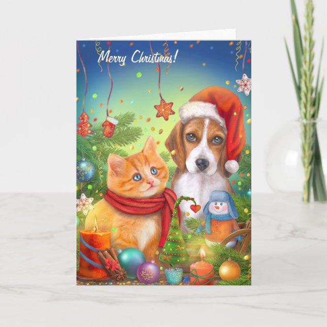Carte de Noël. Chat mignon et chien. Animaux amusa (Devant)