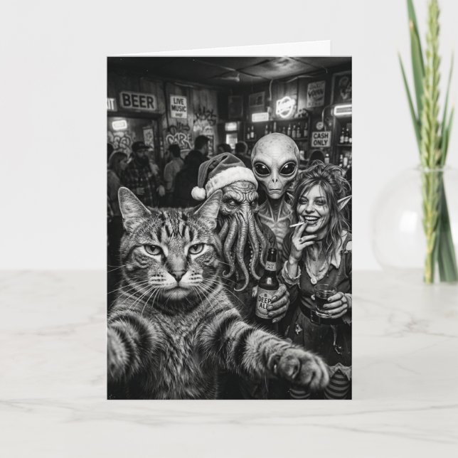 Carte de Noël Chat Selfie Bigfoot Alien (Devant)