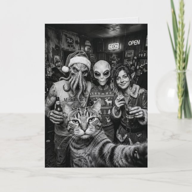 Carte de Noël Chat Selfie Bigfoot Alien (Devant)