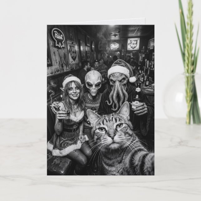 Carte de Noël Chat Selfie Bigfoot Alien (Devant)