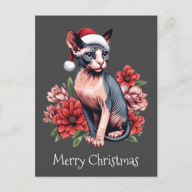 Carte de Noël | Chat Sphynx portant un chapeau de  (Devant)