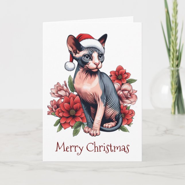 Carte de Noël | Chat Sphynx portant un chapeau de  (Devant)