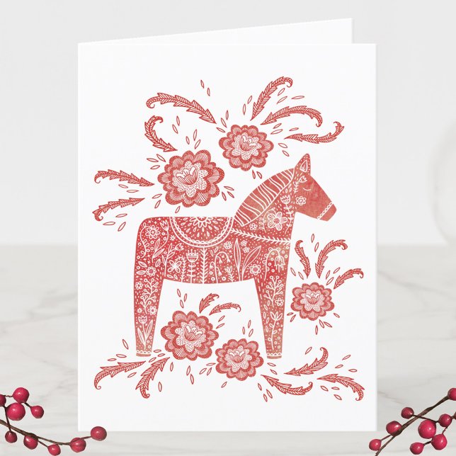 Carte de Noël Cheval Dala Suédois (Swedish Dala Horse personalized red and white holiday card)