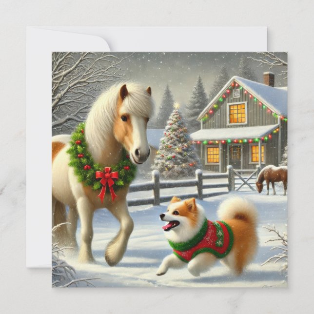 Carte de Noël Cheval et Chien Islandais (Devant)
