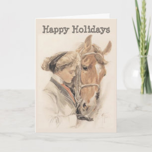 Carte de Noël Cheval et Dame Vintage