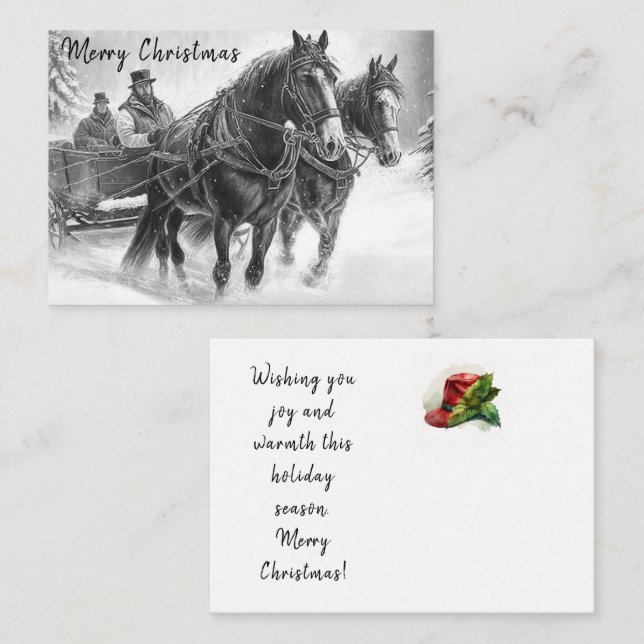 Carte de Noël Cheval vintage et chariot (Devant / Derrière)