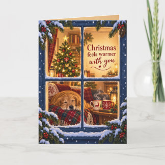 Carte de Noël Chien et Arbre devant une Fenêtre Co