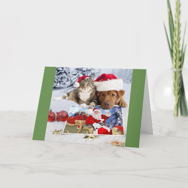 Carte de Noël Chien et Chat avec Père Noël et Ferr (Devant)