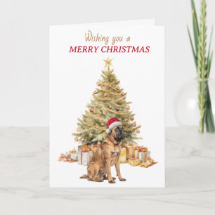Carte de Noël Chien Mastiff Arbre d'Or Chapeau de