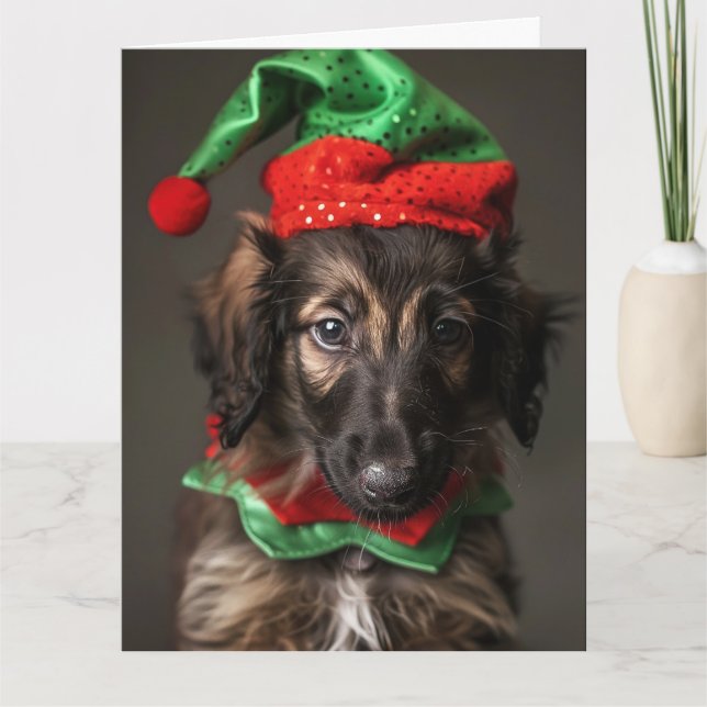 Carte de Noël Chiot Elf Hound Afghan (Devant)