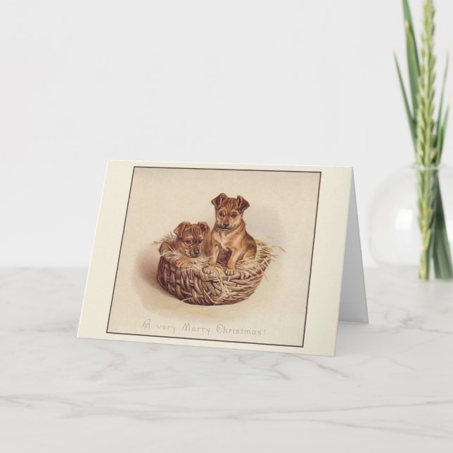 Carte de Noël Chiots Vintage dans un Panier (Devant)