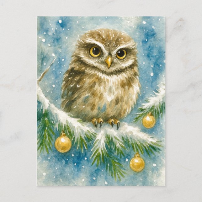 Carte de Noël Chouette d'hiver sur Branche enneigé (Devant)